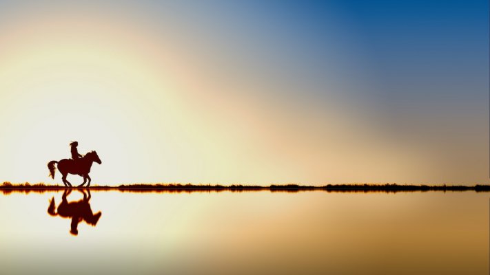 on a horse ride near some water, during sunset